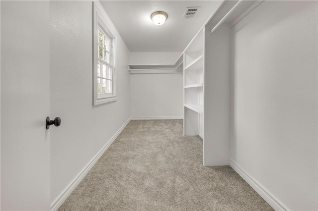 walk in closet featuring light colored carpet