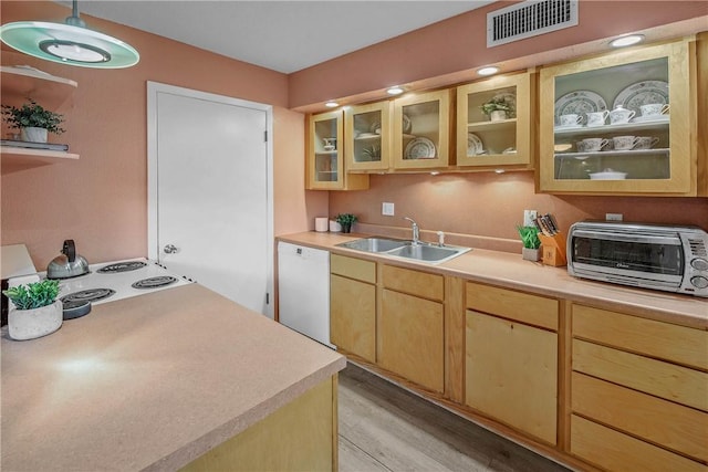 kitchen with pendant lighting, white dishwasher, sink, light brown cabinetry, and light hardwood / wood-style floors