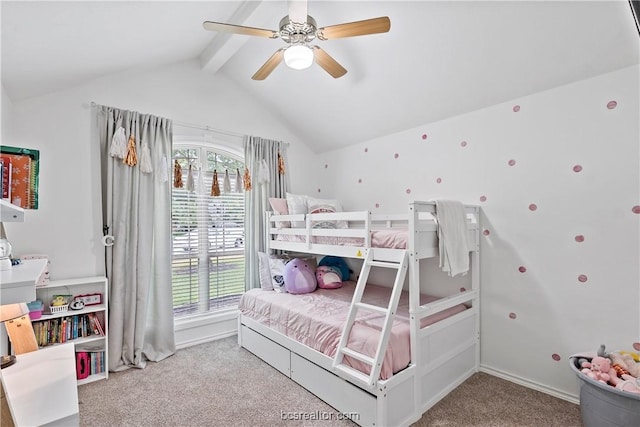 bedroom featuring ceiling fan, lofted ceiling with beams, and light carpet