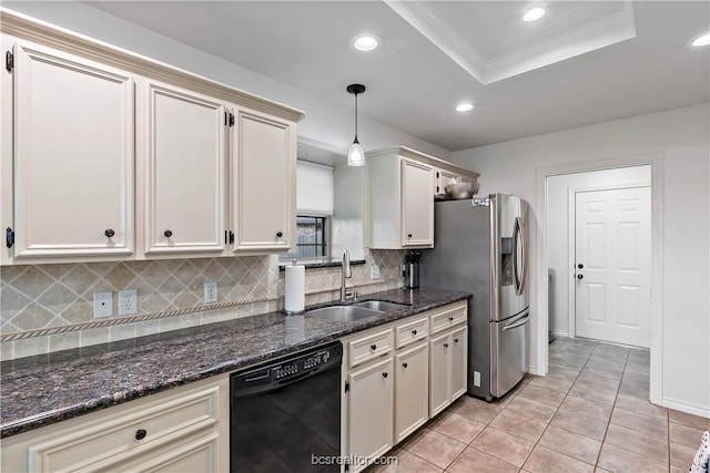 kitchen with dishwasher, sink, tasteful backsplash, decorative light fixtures, and ornamental molding