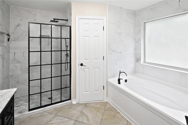 full bath featuring a walk in shower and a bath