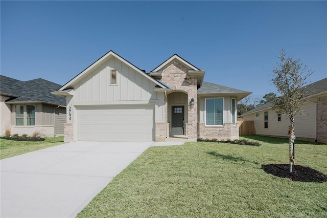 view of front of home with driveway, an attached garage, a front lawn, board and batten siding, and brick siding