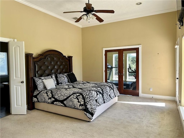 carpeted bedroom with ceiling fan, ornamental molding, access to outside, and french doors