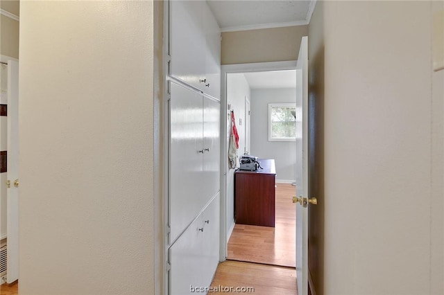 bathroom featuring wood-type flooring and ornamental molding