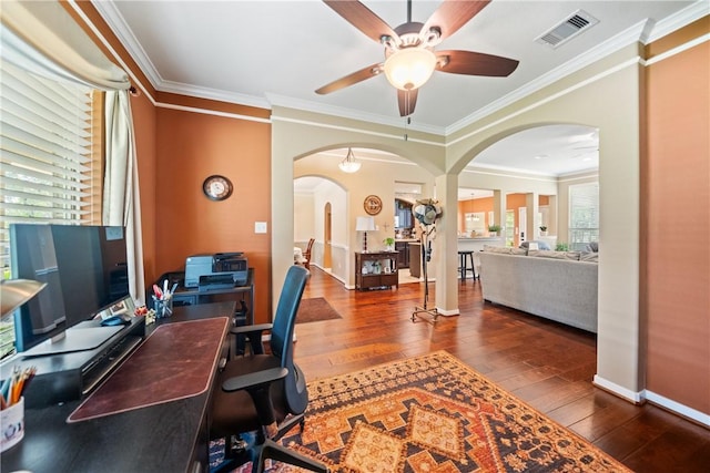 32041 Fm 1736th Rd, Hempstead, TX 77445 - home office featuring arched walkways, ceiling fan, wood-type flooring, crown molding, and baseboards