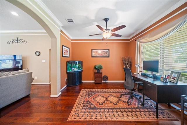 32041 Fm 1736th Rd, Hempstead, TX 77445 - office featuring arched walkways, wood-type flooring, crown molding, a ceiling fan, and baseboards