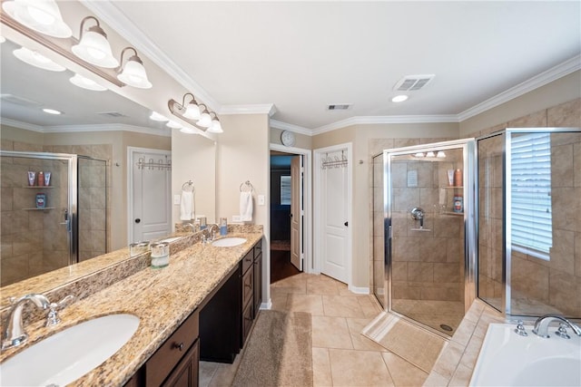 32041 Fm 1736th Rd, Hempstead, TX 77445 - full bath with a stall shower, double vanity, a garden tub, tile patterned floors, and recessed lighting