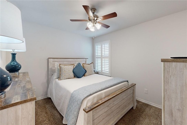 bedroom with ceiling fan and dark colored carpet