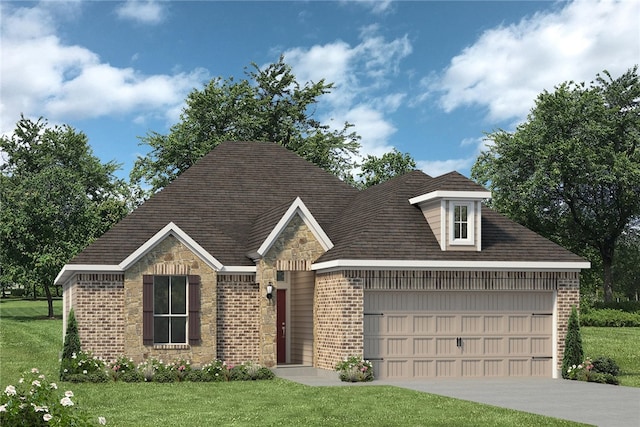 view of front facade with a front yard and a garage