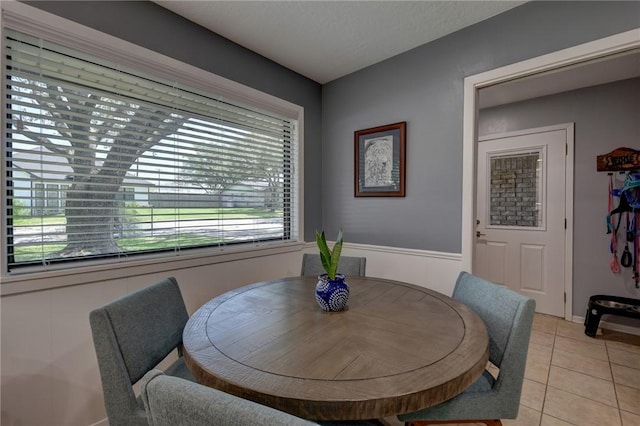 1600 Pecan St, Brenham, TX 77833 - dining area with light tile patterned floors, plenty of natural light, and a wainscoted wall