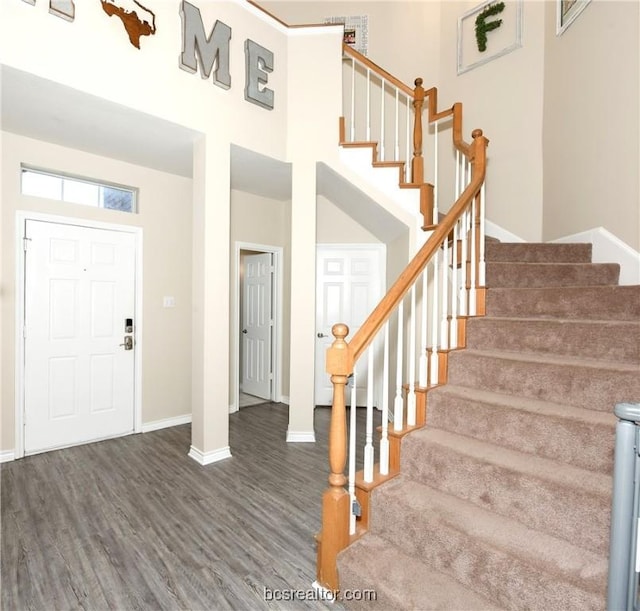 foyer entrance with a towering ceiling and dark hardwood / wood-style floors