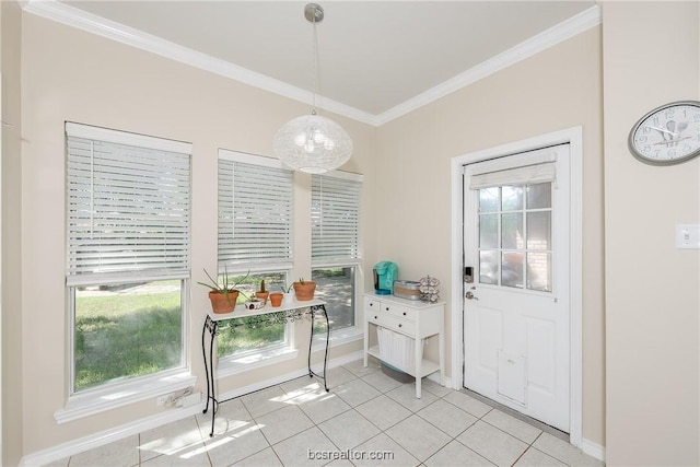 entryway with light tile patterned floors and crown molding