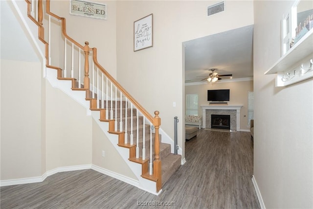 stairs with wood-type flooring, ceiling fan, and crown molding