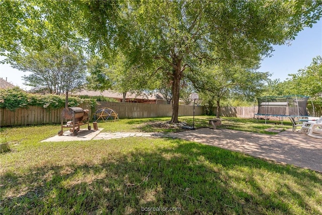 view of yard with a trampoline and a patio area