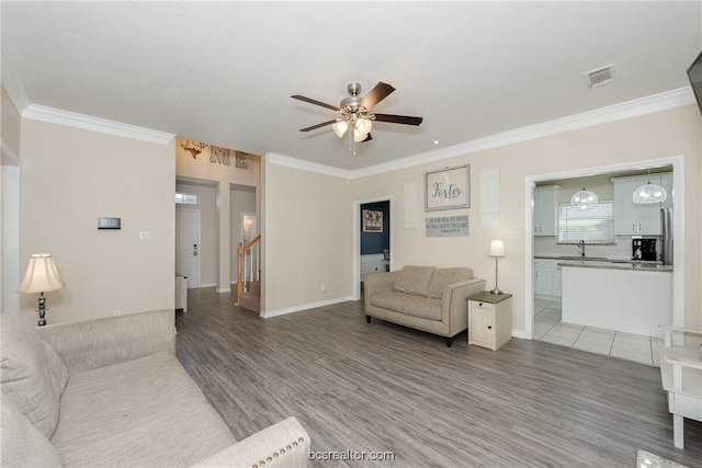 living room featuring wood-type flooring, ceiling fan with notable chandelier, crown molding, and sink