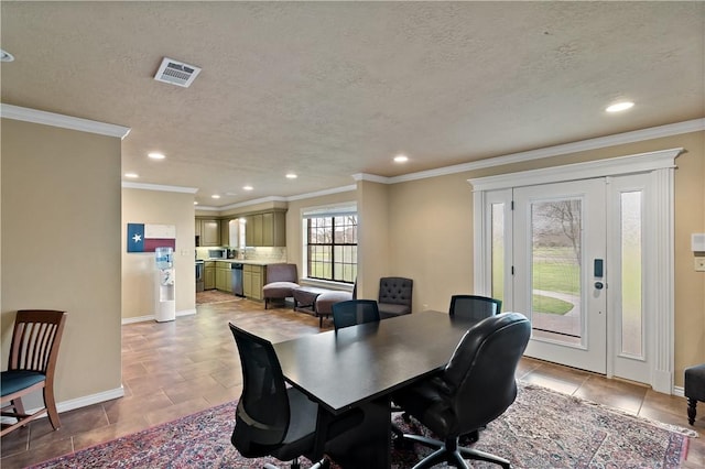 home office featuring recessed lighting, visible vents, ornamental molding, a textured ceiling, and baseboards