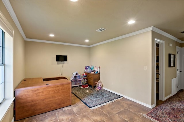 home office featuring ornamental molding, recessed lighting, visible vents, and baseboards