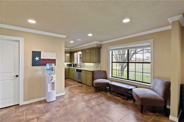 interior space with recessed lighting, crown molding, and baseboards