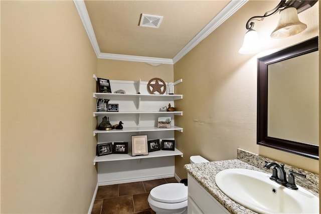 half bath featuring crown molding, visible vents, toilet, vanity, and tile patterned flooring