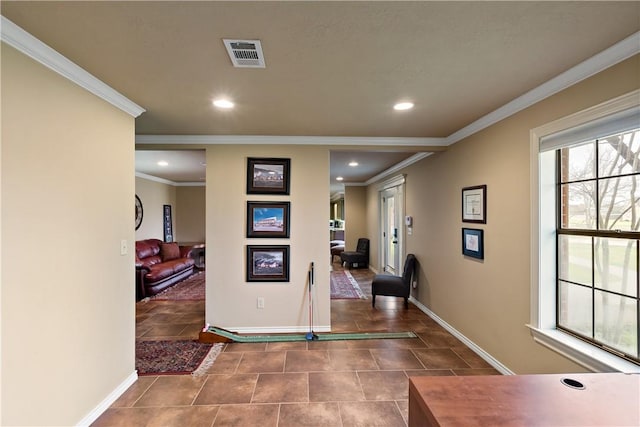 hallway featuring tile patterned flooring, recessed lighting, visible vents, baseboards, and crown molding