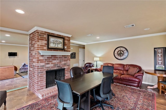 dining area with ornamental molding, a fireplace, visible vents, and recessed lighting