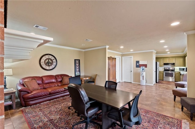 dining space with light tile patterned floors, baseboards, visible vents, crown molding, and recessed lighting