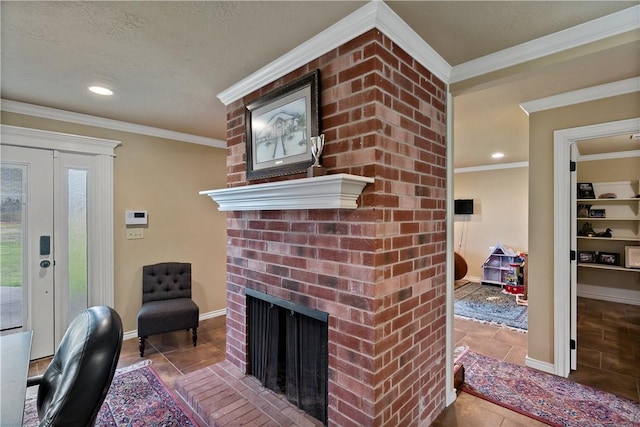 interior space featuring baseboards, a fireplace, ornamental molding, and tile patterned floors