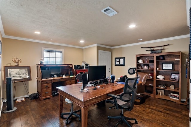 office space featuring crown molding, a textured ceiling, visible vents, and dark wood-type flooring