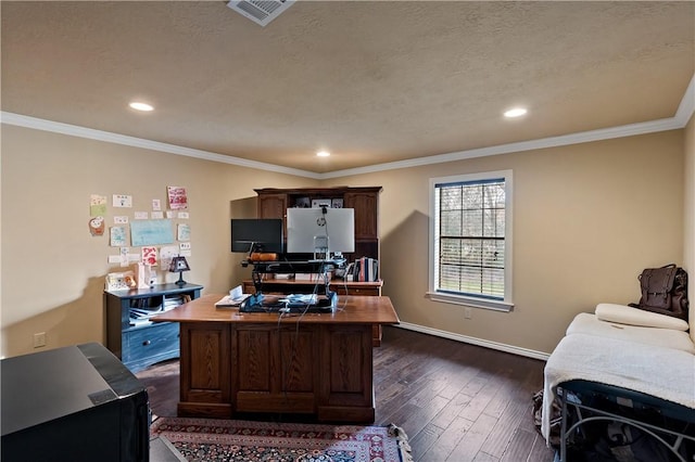 office space featuring a textured ceiling, recessed lighting, dark wood-style flooring, visible vents, and ornamental molding