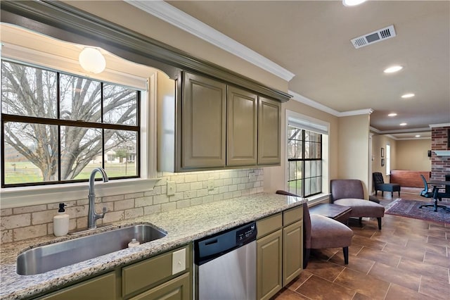 kitchen featuring tasteful backsplash, visible vents, ornamental molding, stainless steel dishwasher, and a sink