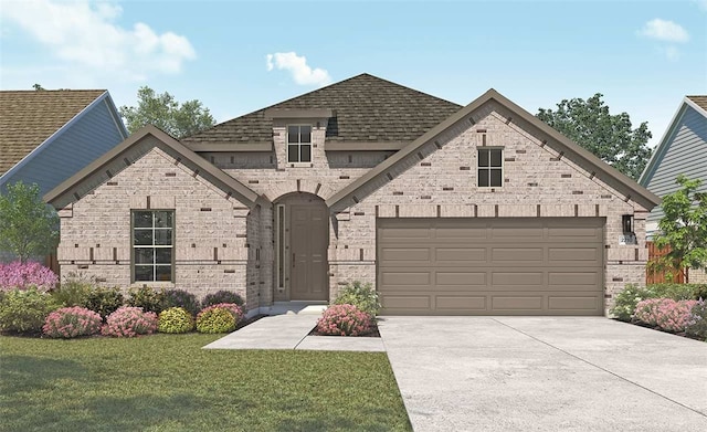 french country inspired facade with a garage, brick siding, a shingled roof, driveway, and a front lawn