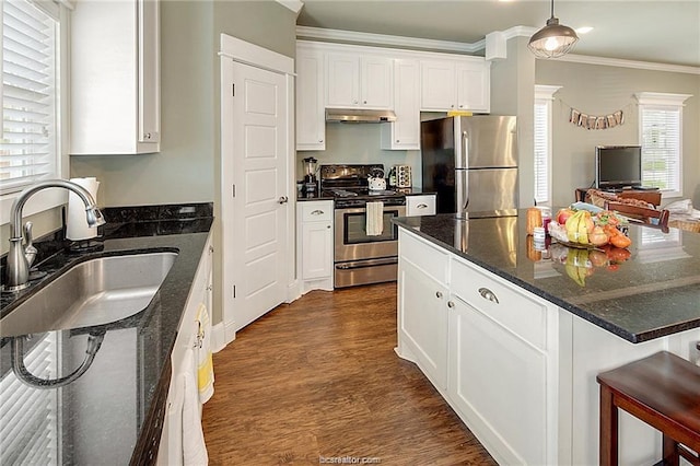 kitchen featuring decorative light fixtures, stainless steel appliances, white cabinetry, a sink, and under cabinet range hood