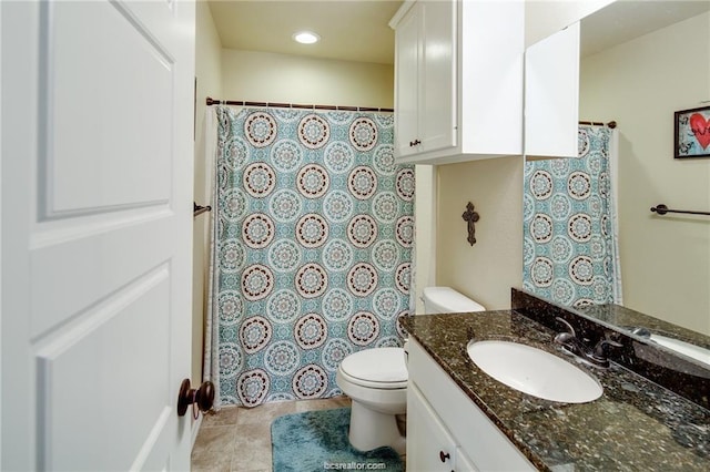 bathroom with tile patterned flooring, vanity, toilet, and recessed lighting