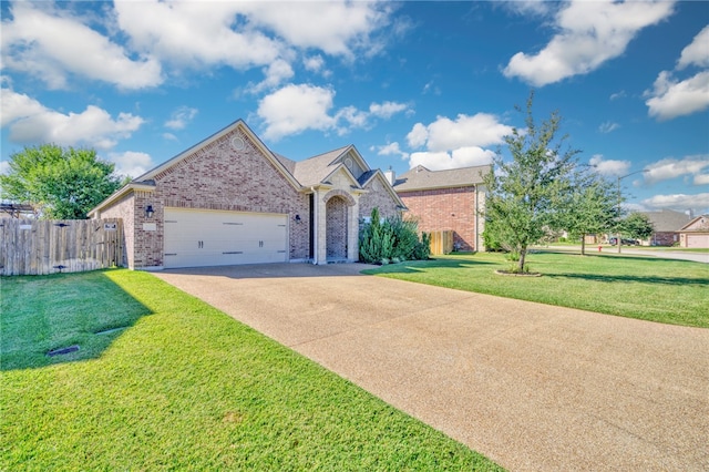 view of front of property with brick siding, an attached garage, a front yard, fence, and driveway