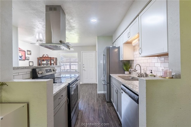 kitchen with white cabinetry, sink, stainless steel appliances, dark wood-type flooring, and island exhaust hood