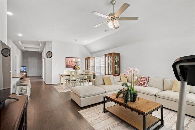 living area with baseboards, recessed lighting, a ceiling fan, lofted ceiling, and dark wood-style floors