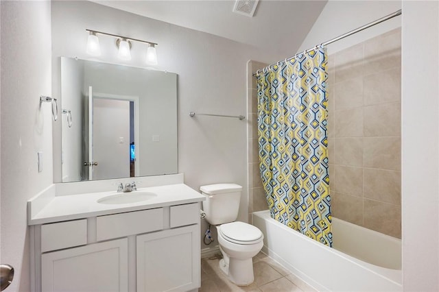 full bath featuring tile patterned floors, toilet, vanity, shower / tub combo, and visible vents