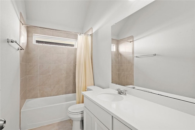 bathroom with shower / bathtub combination with curtain, toilet, tile patterned floors, and vanity