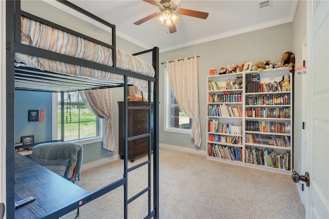5395 Stirrup Dr, College Station, TX 77845 - bedroom with carpet floors, baseboards, crown molding, a desk, and a ceiling fan