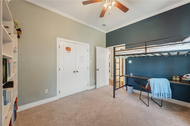 5395 Stirrup Dr, College Station, TX 77845 - bedroom featuring carpet, crown molding, baseboards, ceiling fan, and a desk