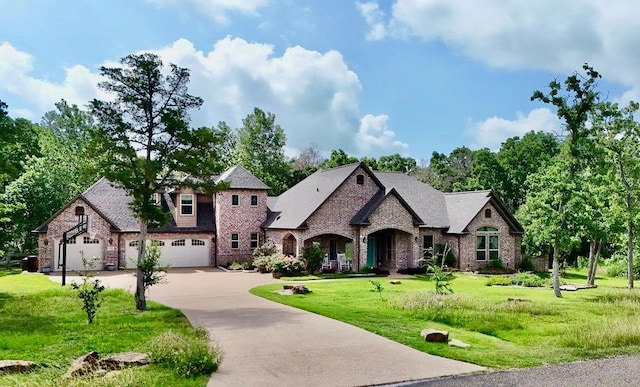 5395 Stirrup Dr, College Station, TX 77845 - french country inspired facade with concrete driveway, a front yard, brick siding, and stone siding