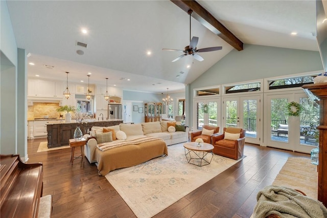 5395 Stirrup Dr, College Station, TX 77845 - living room featuring high vaulted ceiling, beamed ceiling, a ceiling fan, dark wood finished floors, and recessed lighting
