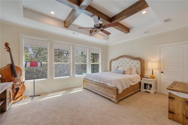 5395 Stirrup Dr, College Station, TX 77845 - bedroom with coffered ceiling, light carpet, multiple windows, beamed ceiling, and recessed lighting