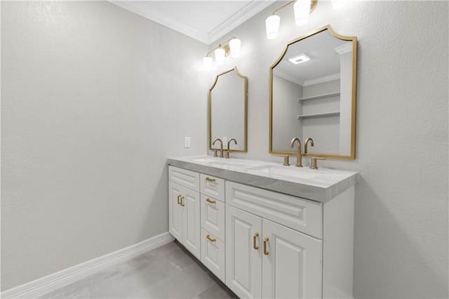 bathroom with vanity and ornamental molding