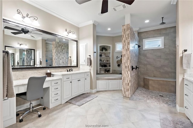 bathroom with tile patterned floors, vanity, ornamental molding, and shower with separate bathtub