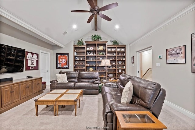 living room featuring ornamental molding, light colored carpet, ceiling fan, and lofted ceiling