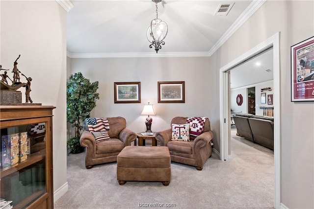 living area featuring light colored carpet, crown molding, and an inviting chandelier