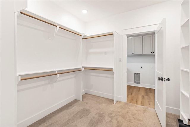 spacious closet featuring light carpet