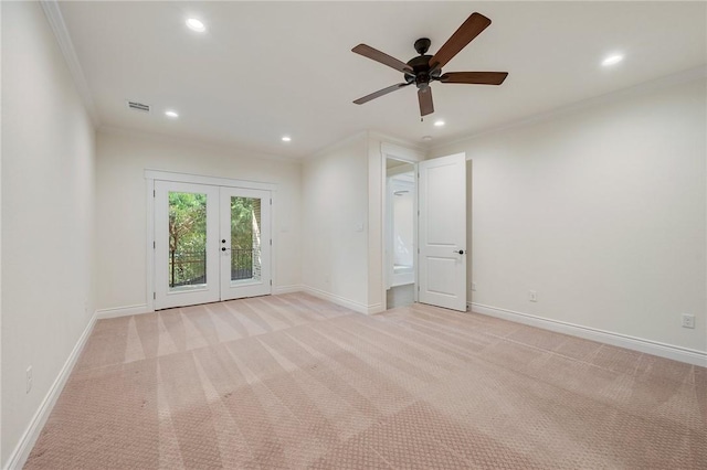 empty room with recessed lighting, french doors, visible vents, ceiling fan, and light colored carpet