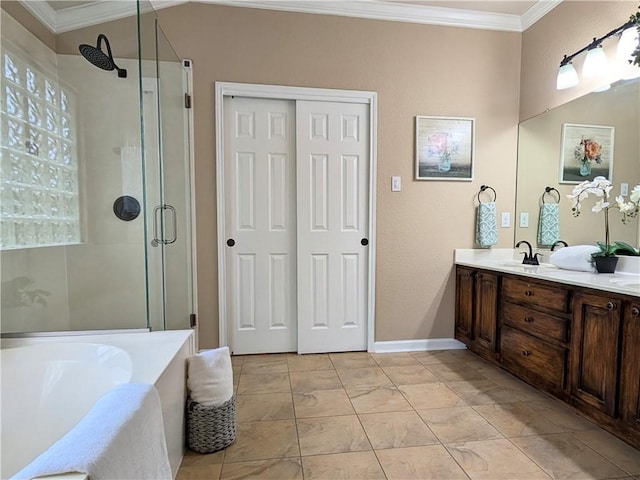 14504 Templemore Cv, Austin, TX 78717 - bathroom with a stall shower, a garden tub, vanity, and crown molding